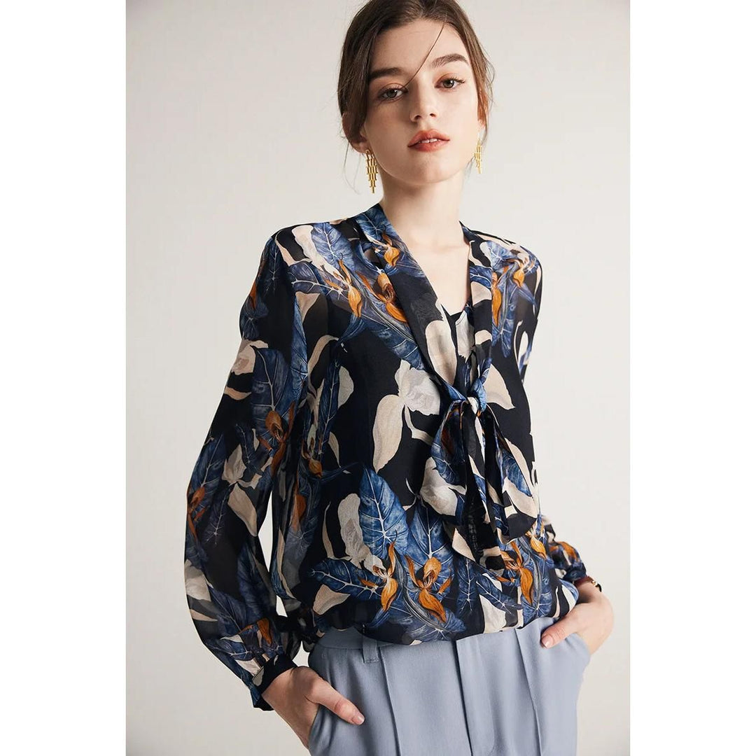 Elegant Silk-Blend Bow Collar Blouse