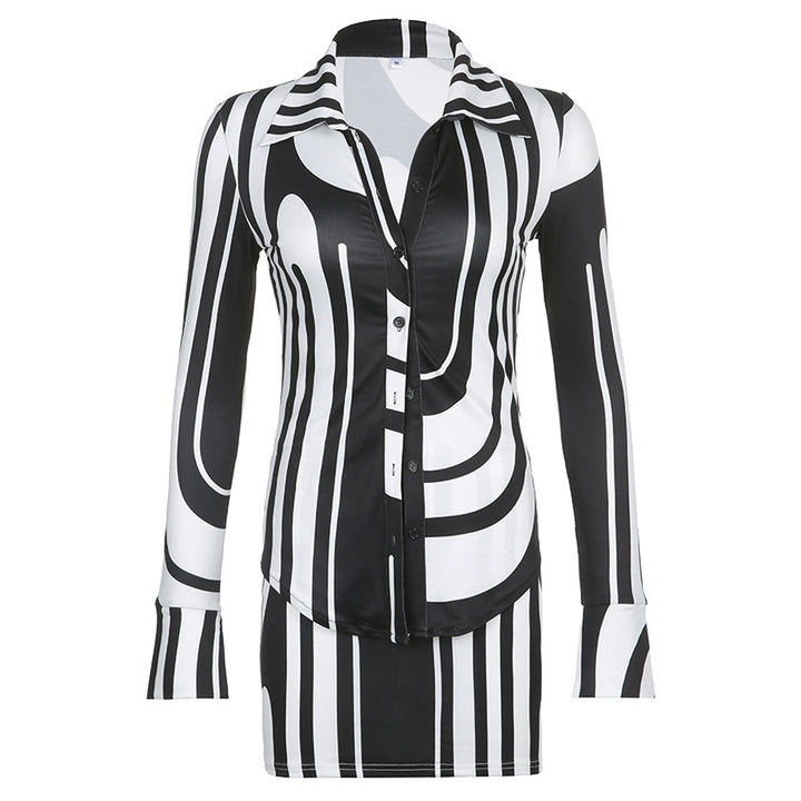 Women's Suit Corrugated Printing Lapel Single-breasted Shirt Top And Skirt Two-piece Set