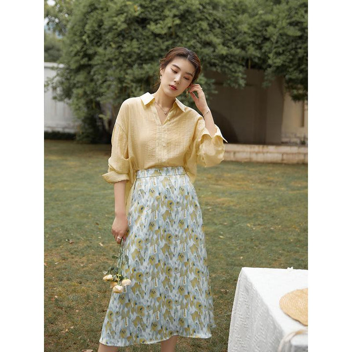 Summer French Retro Print Midi Skirt for Women - Casual A-line High Waist Skirt