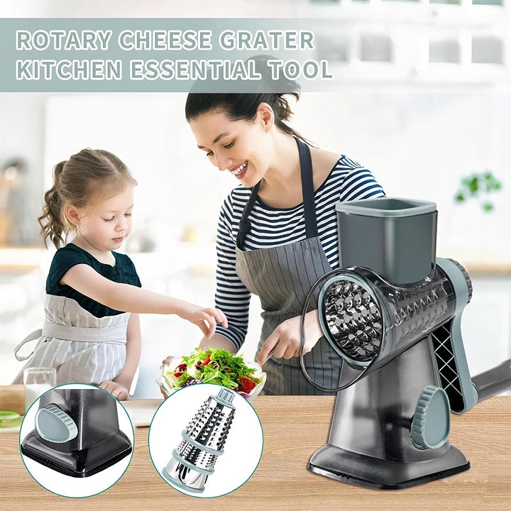 3-in-1 Rotary Cheese Grater & Versatile Vegetable Slicer with Stainless Steel Blades