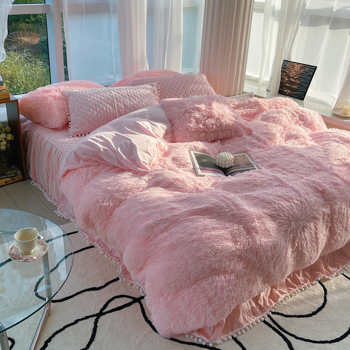 Milk Fiber Winter Mink Fur Bed Four-piece Long Wool Quilt Cover Coral Velvet Double-sided Plush Fleece-lined Quilted Bed Skirt Princess Style