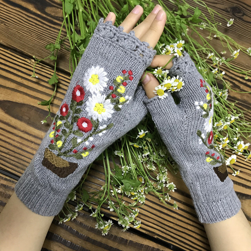 Potted Little Red Flower Long Warm Women's Knitted Gloves