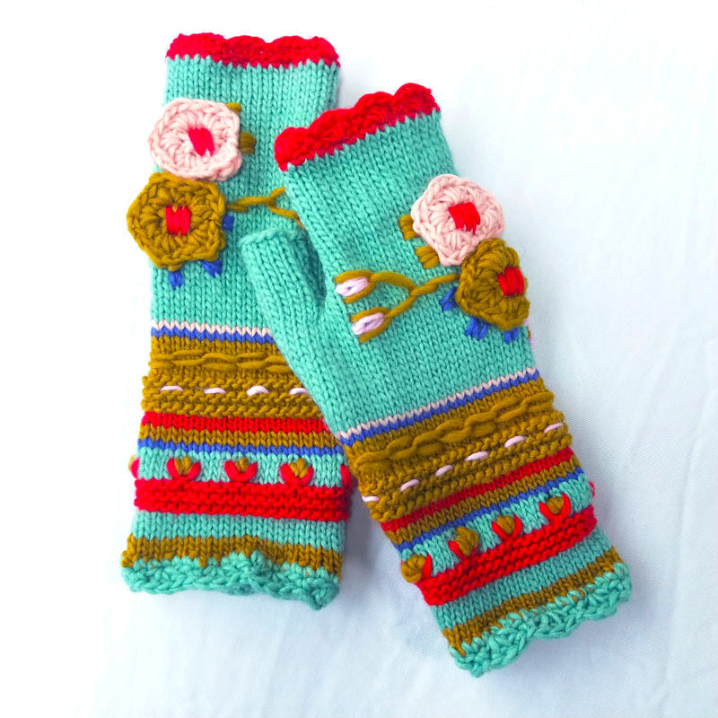 Women's Thick Needle Hand Crocheted Small Flower Adult Warm Knitted Gloves