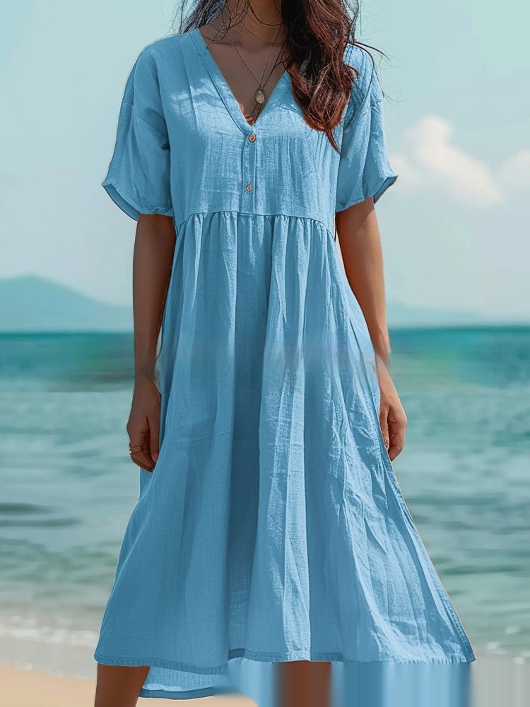 Women's Short-sleeved Cotton And Linen Swing Dress