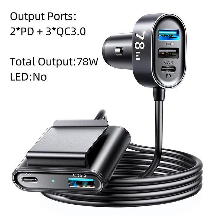 78W 5-Ports Car Charger with LED and Fast Charging USB C Adapter for Cars