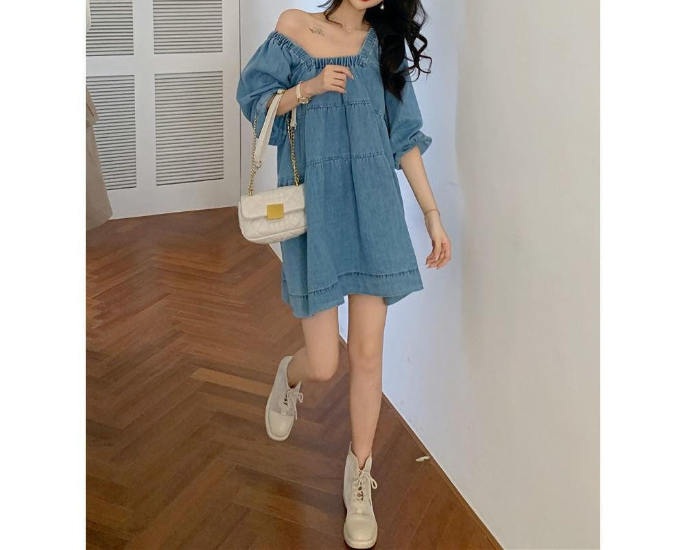 Square-cut Collar And Blue Dress French Girl Loose Skirt Female