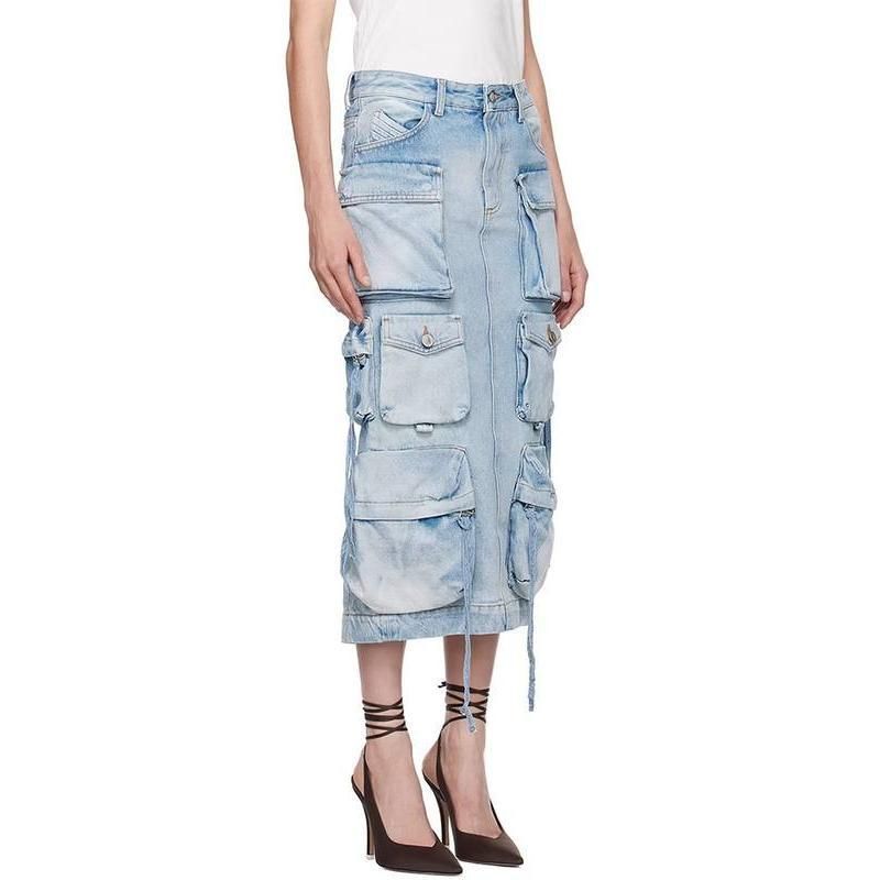 High Waist Denim Skirt with Distressed Detail and Ribbon Slit