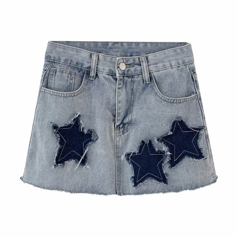 High Waist Star Patched Denim Mini Skirt