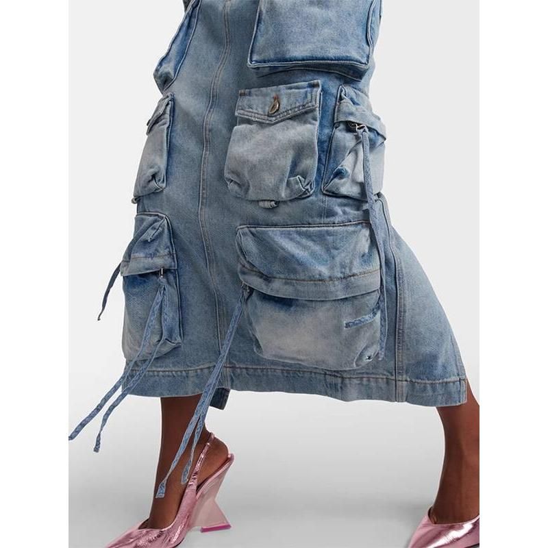 High Waist Denim Skirt with Distressed Detail and Ribbon Slit