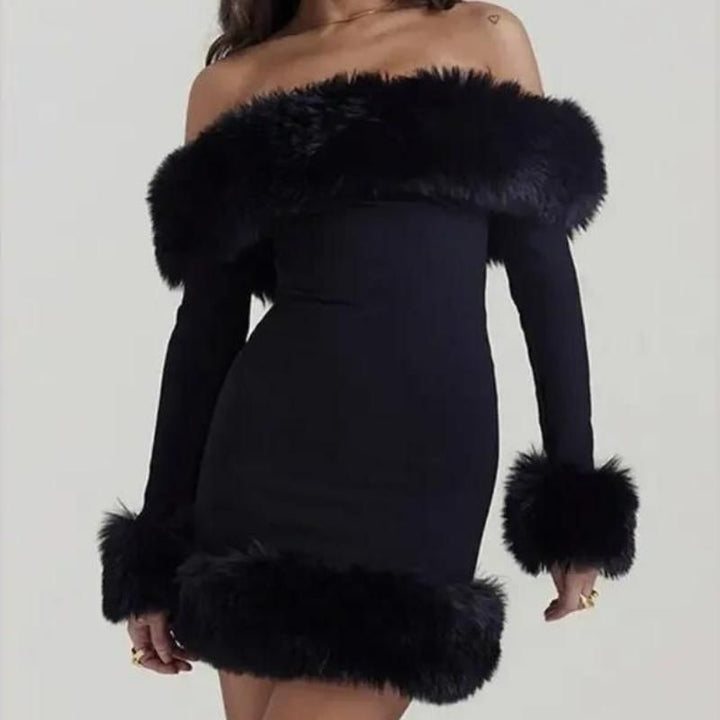 Elegant Off-Shoulder Fur-Trimmed Bodycon Mini Dress