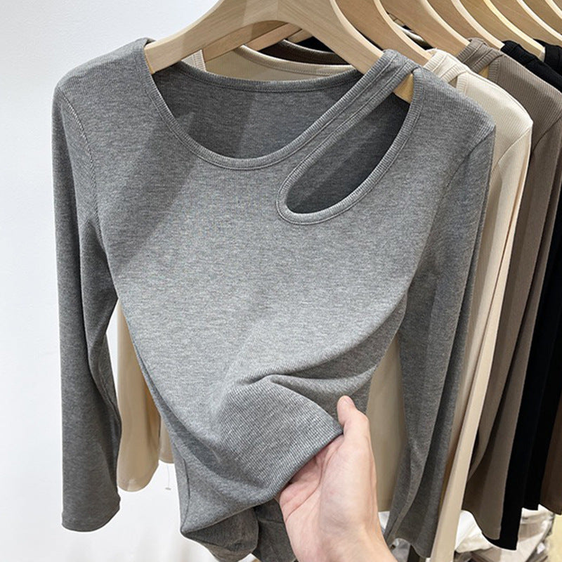 Round Neck Collarbone Bottoming Shirt Women's Hollow Long Sleeve T-shirt