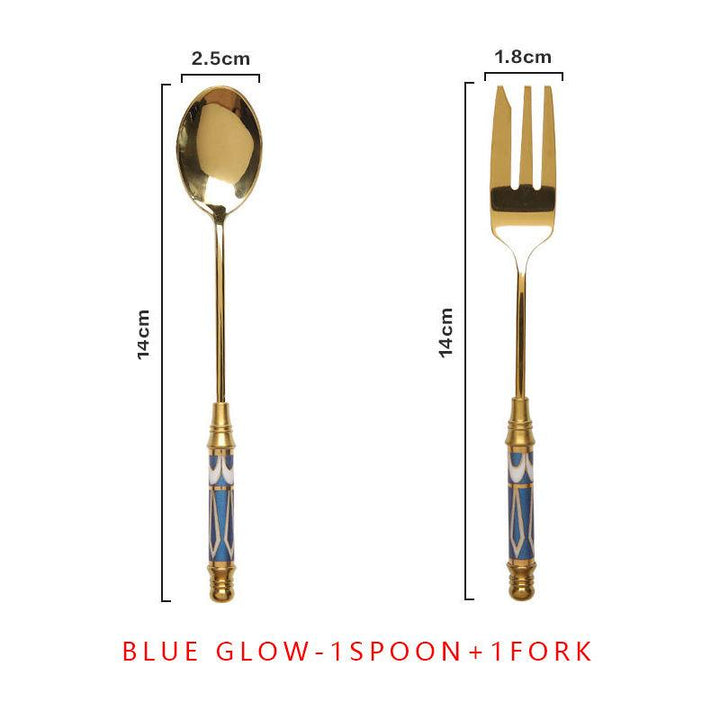 Elegant Vintage Gold and Ceramic Coffee Dessert Fork and Spoon Set