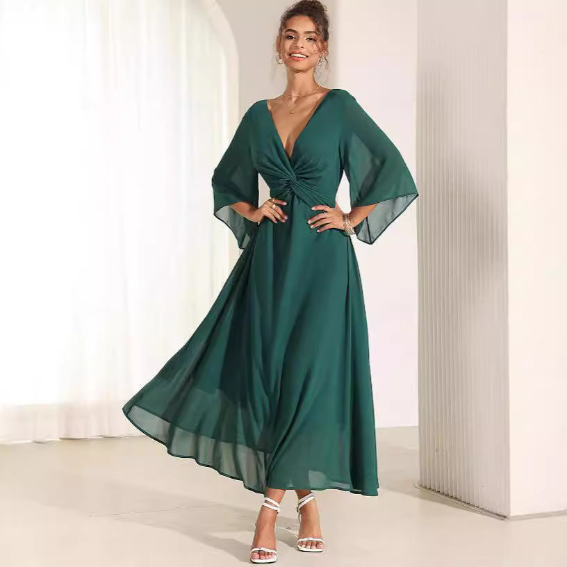 Solid Color V-neck Bell Sleeve Extra Long Dress