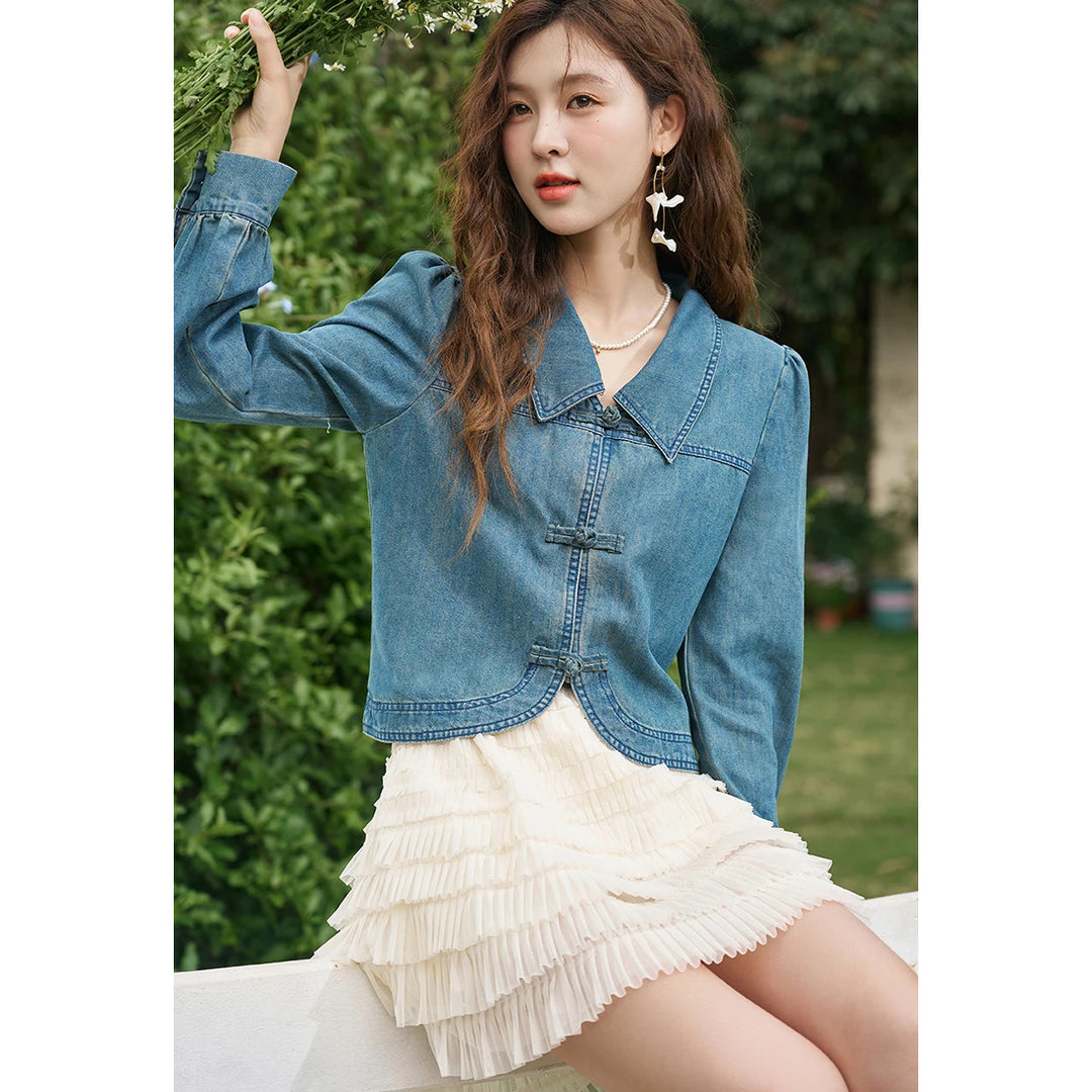 Casual Denim Shirt with Turn-down Collar