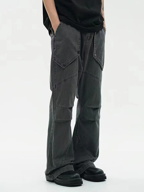 Black Washed Pleated Large Pocket Design Loose Micro-flared Trousers