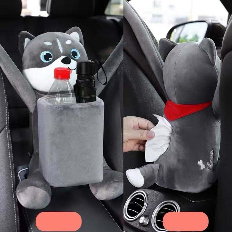 Cartoon Plush Car Tissue Holder with Integrated Trash Cabin