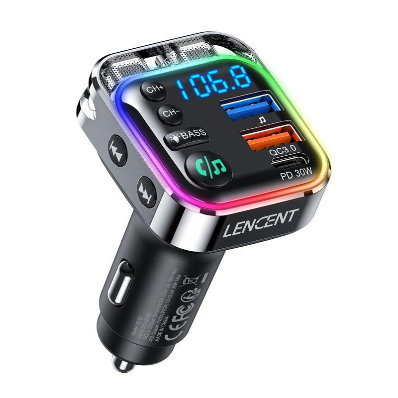 Bluetooth 5.3 FM Transmitter with 30W PD & QC3.0 Fast Charger, Hi-Fi Sound