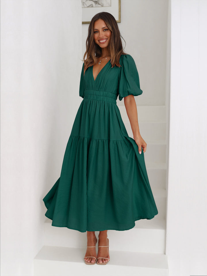 European And American Fashion Deep V Puff Sleeve Vacation Women's Dress