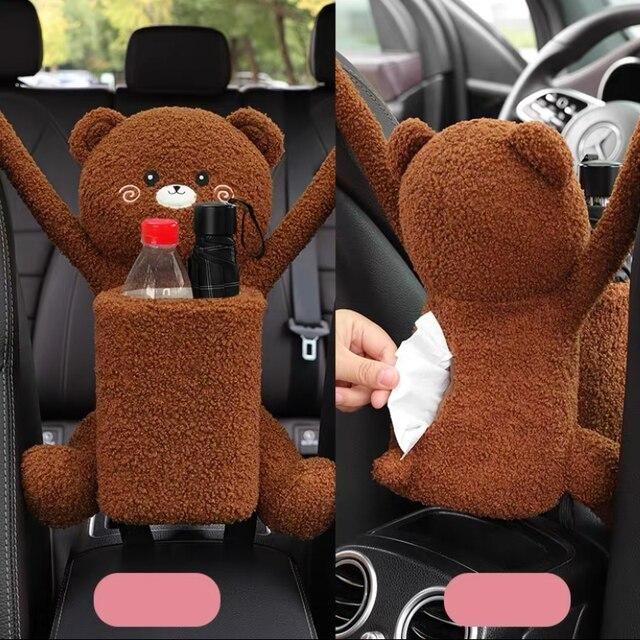 Cartoon Plush Car Tissue Holder with Integrated Trash Cabin