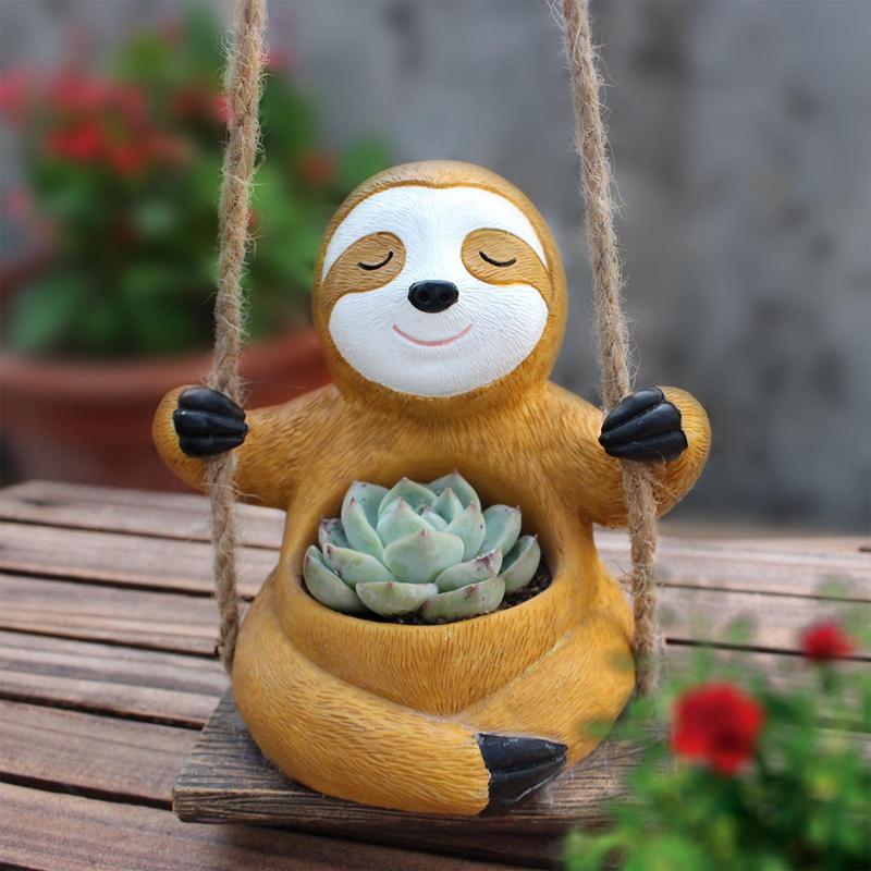 Charming Swing Sloth Planter - Resin Flower Pot for Home & Garden Decor