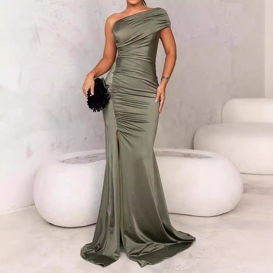 Summer New Off-shoulder Solid Color Slit Dress