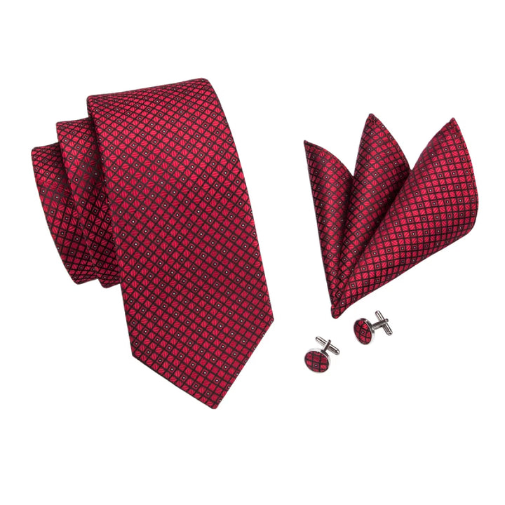 Elegant Red Plaid Silk Tie with Cufflinks and Handkerchief