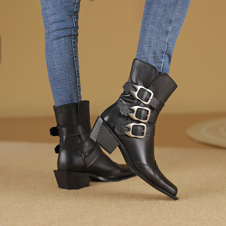 Genuine Leather Square Toe Chunky Heel Ankle Boots