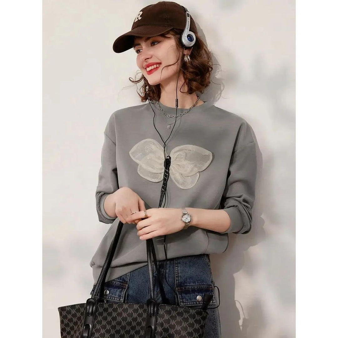 Spring Long Sleeve Sweatshirt with 3D Dragonfly Decoration