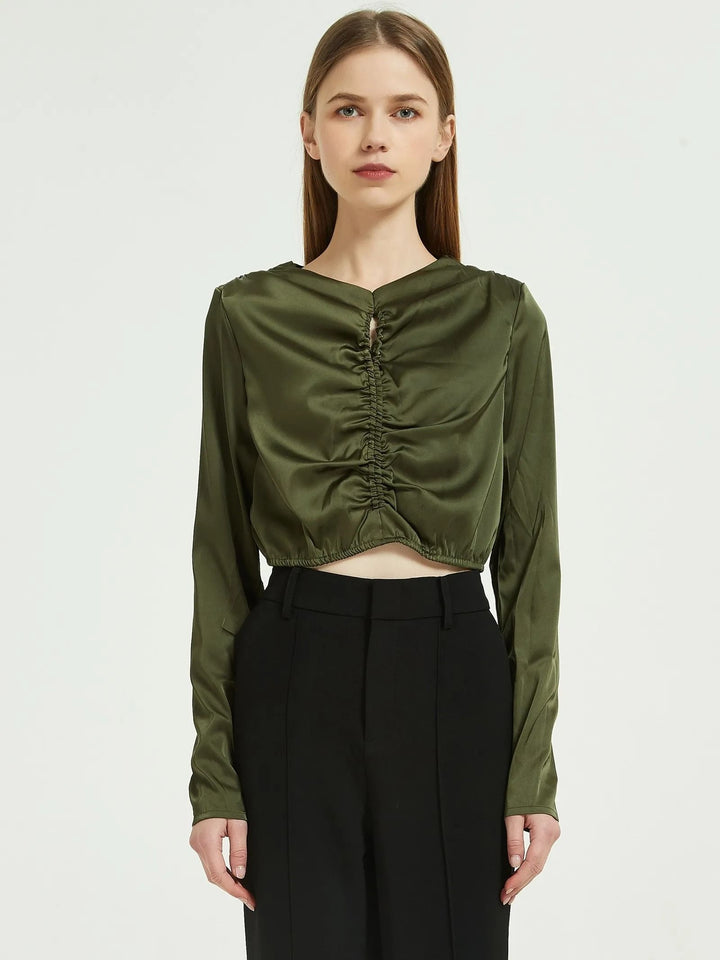 Elegant Green Silk Chiffon Long Sleeve Blouse