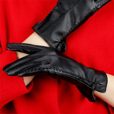 Autumn and winter leather gloves female touch screen