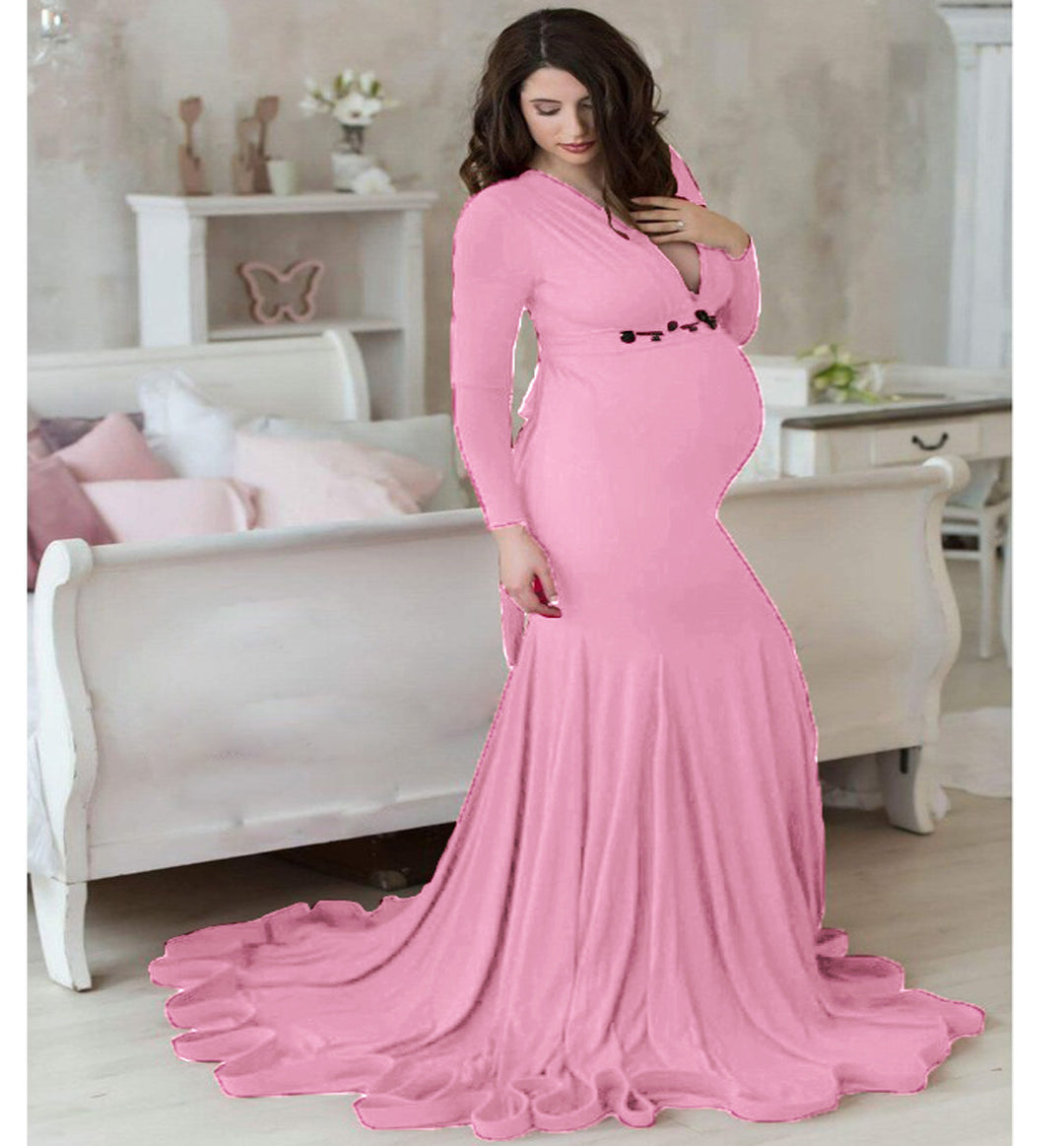 Mercerized Cotton Maternity V-neck Mop Long Sleeve Long Dress