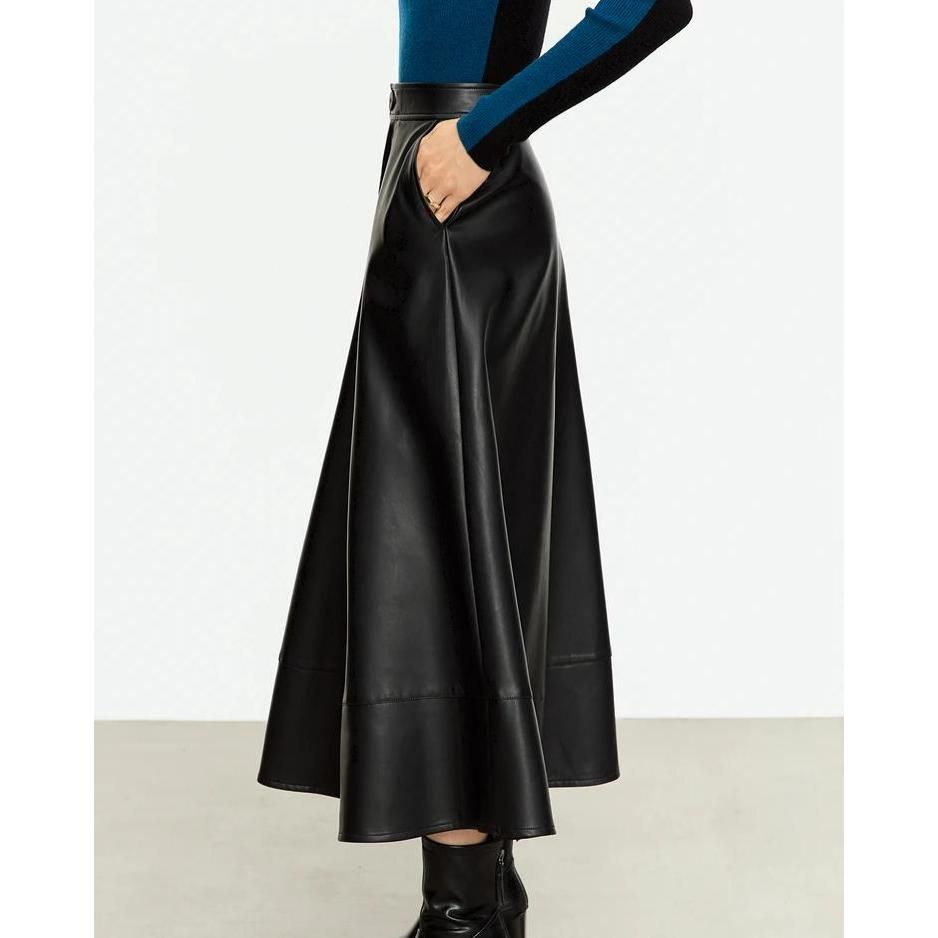 Elegant Autumn Ankle-Length A-Line Leather Midi Skirt for Women