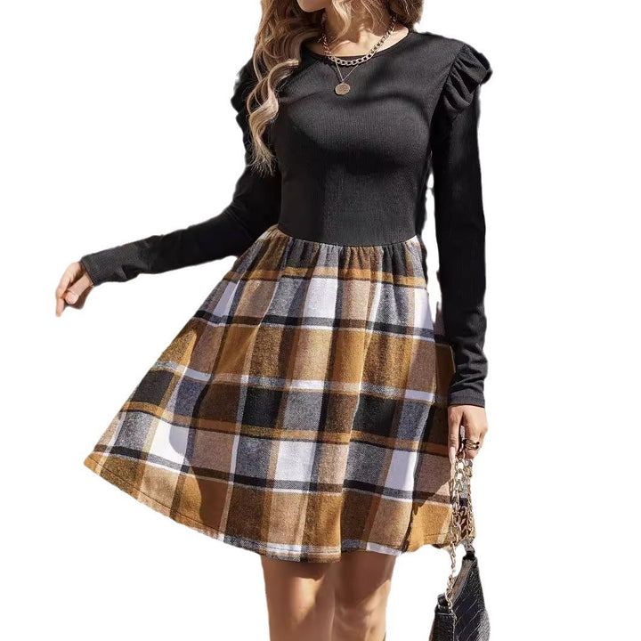 Women's Sunken Stripe Stitching Plaid Long Sleeve Dress