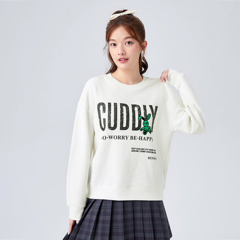 Distressed Printed Loose Fleece Sweatshirt