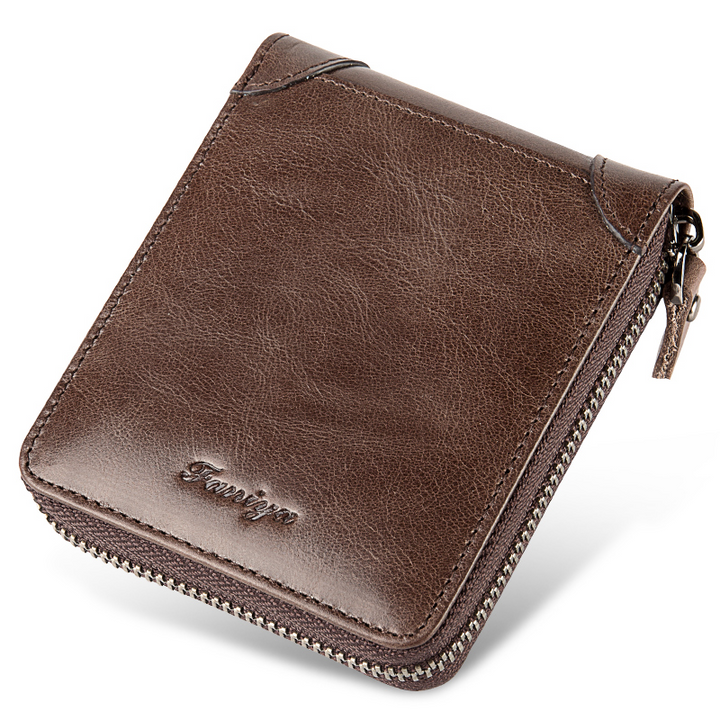 Cartera con cremallera antimagnética RFID de piel de vaca de primera capa para hombre, cartera corta plegable con 7 ranuras para tarjetas, cartera para licencia de conducir