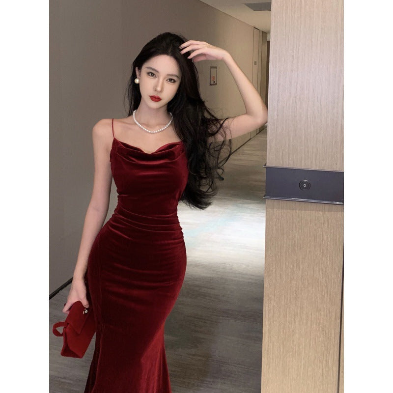 High-grade French Vintage Velvet Waist Trimming Spaghetti Straps Long Dress