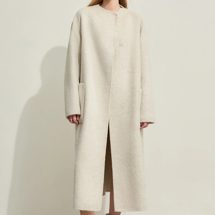 Minimalist Woolen Long Coat for Women - Warm Stand Collar Double-sided Jacket