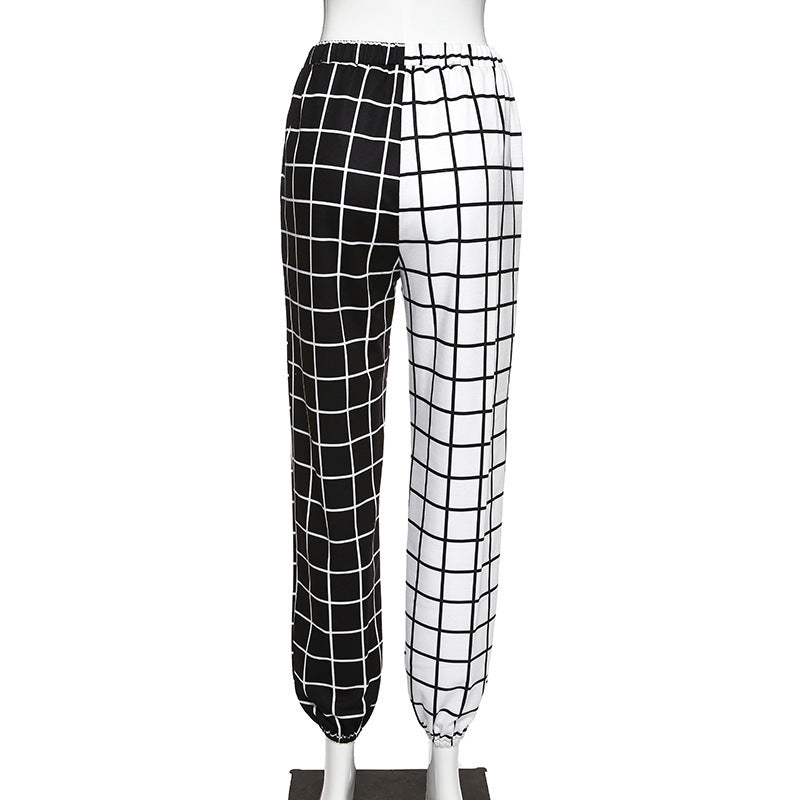 Contrast checkerboard high waist casual trousers