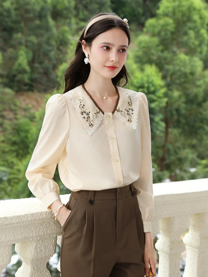 Elegant Autumn Embroidered Lapel Puff Sleeve Blouse