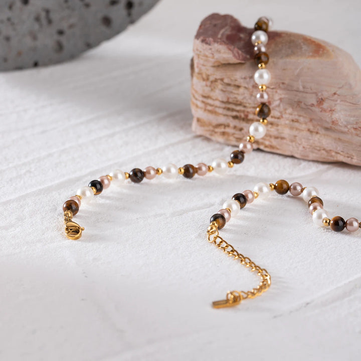 18K Gold Plated Tiger Eye & Imitation Shell Bead Necklace