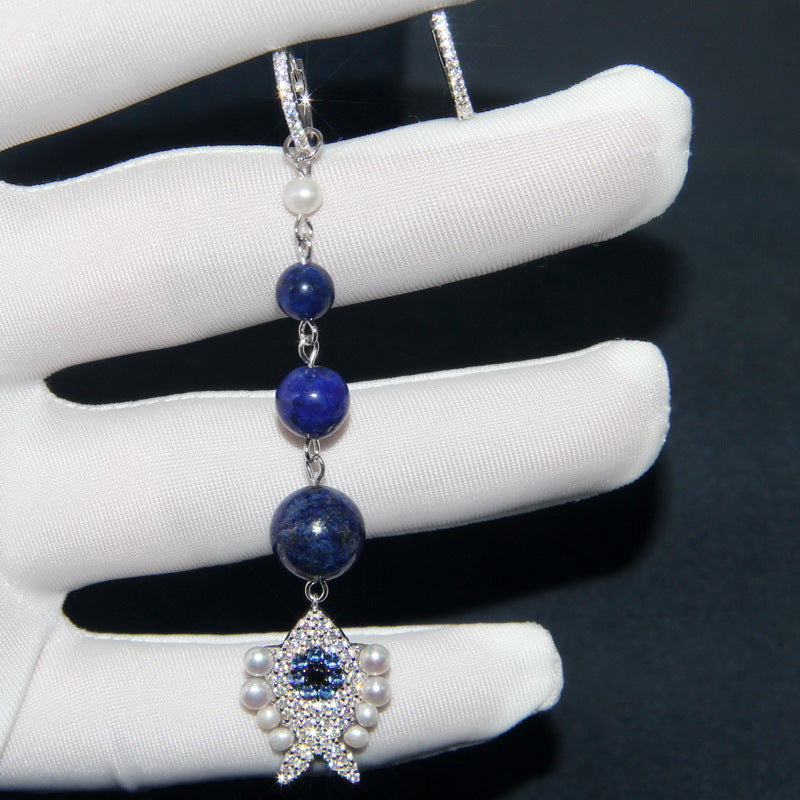 Female Diamond Green Pine Lapis Lazuli Small Fish Ear Ring