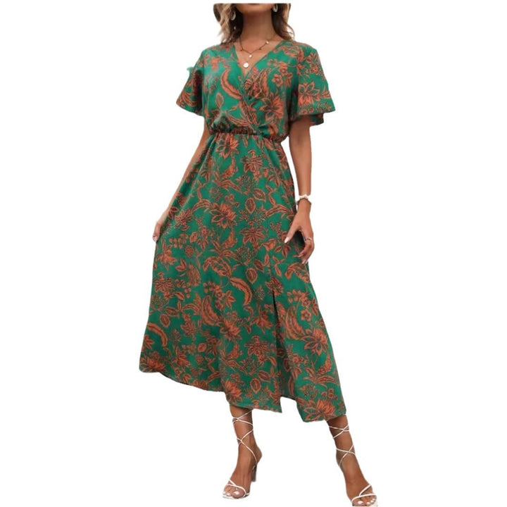 Women's Tropical Printing V-neck Split Dress Women