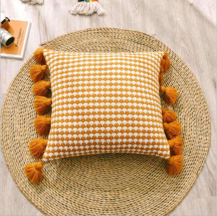 Spot Plaid Tassel Cushion Cover