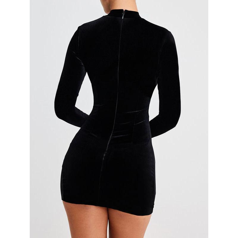 Velvet Long Sleeve Sexy Mini Dress with Zipper and Mesh Patchwork