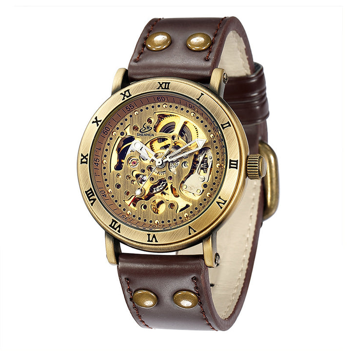 Men'S Automatic Mechanical Watch Belt Hollow Bronze Water Watch