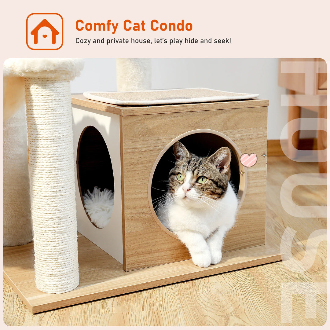 Modern Cat Tree Tower for Indoor Cats with Large Condo, Hammock & Cozy Top Perch