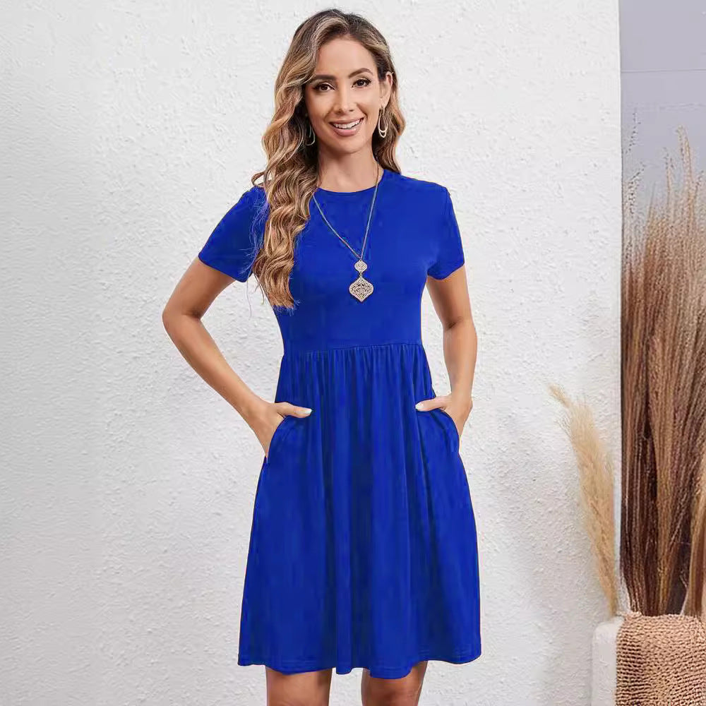 New Elastic Waist Round Neck Short Sleeve Dress Women