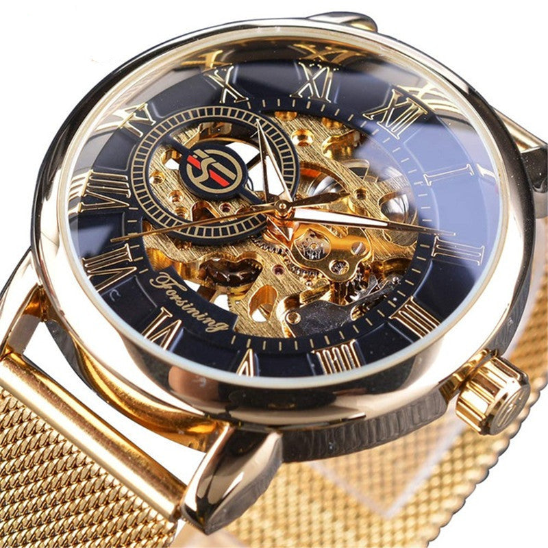 Men's Fashion Casual Mesh Belt Hollow Mechanical Watch