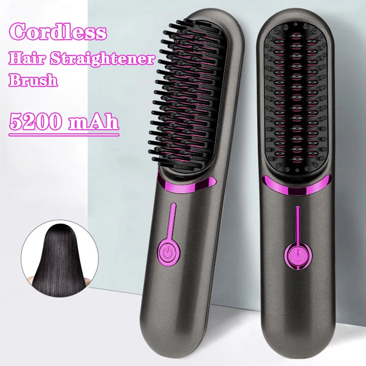 Wireless Ceramic Hair Straightener Brush - Portable Fast Heating Comb