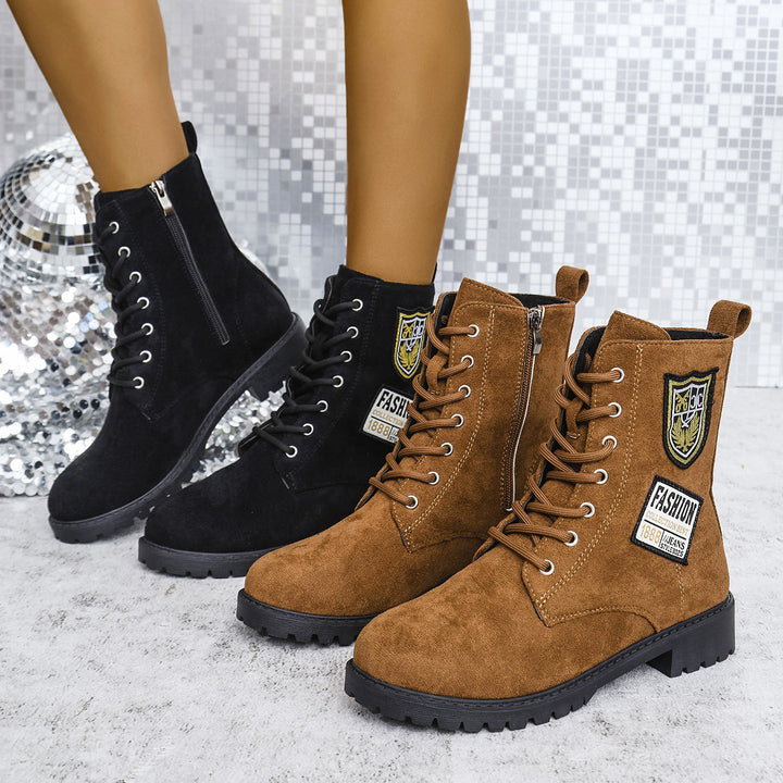 Fashion Lace-up Chunky Heels Boots Winter Round Toe Shoes For Women